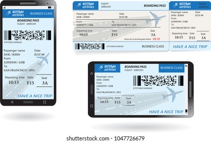 Mobile phone with electronic boarding pass airline ticket and paper boarding pass ticket. Concept of modern travel or journey. Vector illustration in blue pastel colors