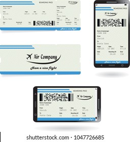 Mobile phone with electronic boarding pass airline ticket and paper boarding pass ticket. Concept of modern travel or journey. Vector illustration in blue pastel colors