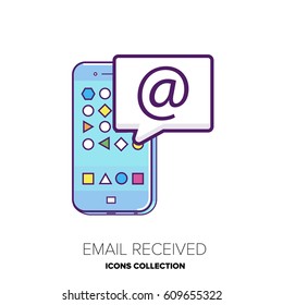 Mobile phone with email into bubble. Schematic illustration for web site. Circle of icons around.