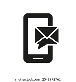 Teléfono móvil con el icono de la silueta del mensaje de correo electrónico, comunicación y Asistencia. Smartphone con notificación por correo electrónico para símbolo de glifo de Servicio al cliente. Ilustración vectorial aislada.