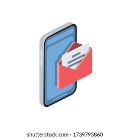 Mobile phone email. Vector 3d isometric, color web icon, new flat style. Creative illustration design, isolated graphic idea for infographics.
