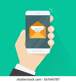 Mobile phone email vector illustration, flat style smartphone in hand with e-mail envelope message and letter inside, concept of newsletter received, inbox on cellphone