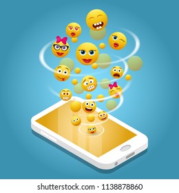 Mobile Phone Emoji Concept Vector Realistic Illustration. Isometric Smartphone Characters.