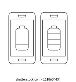 Mobile phone with empty battery sign and mobile phone with full battery sign, thin line