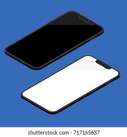 Mobile phone with empty black and white screen. Isometric view. Cellphone on blue background. Modern Smartphone gadget. Vector illustration.