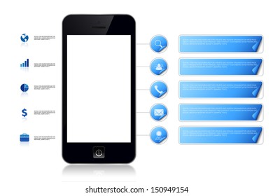 Mobile phone with empty screen area for copy space and multimedia icon and label background for organization present and contact - Vector illustration