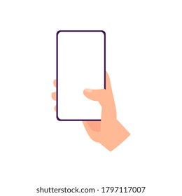 Mobile phone with empty white screen in hand cartoon icon, flat vector illustration isolated on white background. Blank smartphone touchscreen sign or symbol.