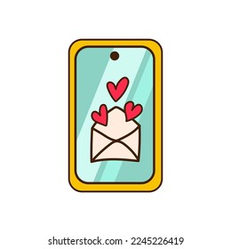 Mobile phone with envelope and hearts on screen against white ba