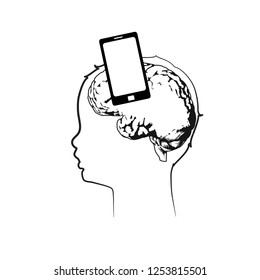 Mobile phone erases child's brain. Damage, becoming silly. Black line vector illustration.