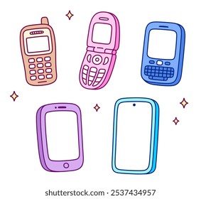 Evolución del teléfono móvil, lindo conjunto de dibujos animados. Garabatos dibujados a mano de teléfonos celulares retro, teléfonos móviles y modernos dispositivos de teléfonos inteligentes. Ilustración vectorial.