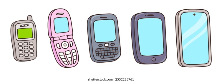 Evolución del teléfono móvil, lindo conjunto de dibujos animados. Garabatos dibujados a mano de teléfonos celulares retro, teléfonos móviles y modernos dispositivos de teléfonos inteligentes. Ilustración vectorial.