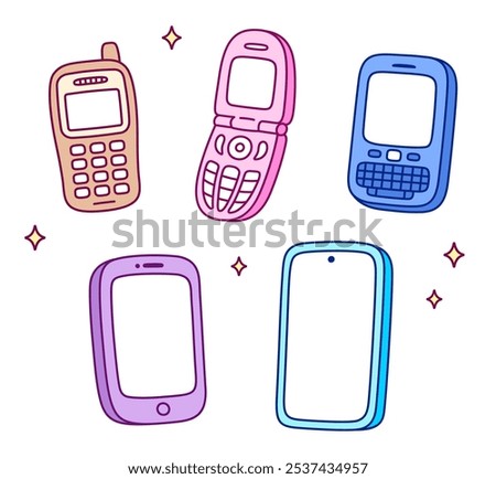 Mobile phone evolution, cute cartoon drawing set. Hand drawn doodles of retro cellphone, flip phone and modern smartphone devices. Vector illustration.