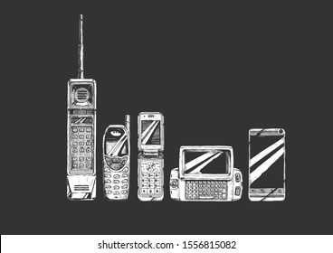 Mobile Phone Evolution Set. Illustration In Ink Hand Drawn Style. Phone Form Factor: Brick, Bar Phone,  Flip, Wide Slider, Touchscreen Smartphone.
