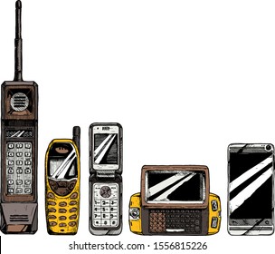 Mobile phone evolution set. illustration in ink hand drawn style. 