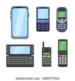 Mobile Phone evolution telecommunication technology symbol collection set cartoon illustration vector