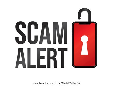Telefone celular com um cadeado aberto com uma mensagem "Scam Alert" (Alerta de fraude) destinada a reforçar a sensibilização para a cibersegurança