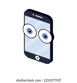 Mobile phone with eyes in isometry. Device for communication and conversations. Smartphone with display. Emotions on the glass gadget. Cartoon flat illustration.