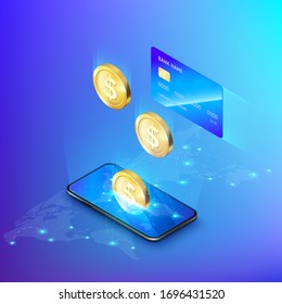 Mobile phone and falling gold coin credit card. concept of banking online or deposit money isometric banner. Global payment service. Vector 