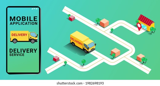 Mobile Phone fast delivery service by Truck on smartphone application deliver from store to home E-commerce concept Online food boxes package Digital Online Shop Global logistic Truck Isometric vector