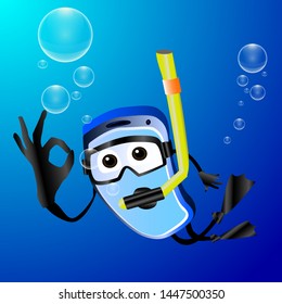 The mobile phone fell into the water, but it feels great. Phone floats underwater in a mask and flippers - funny vector illustration