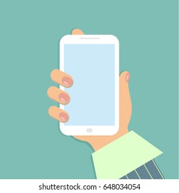 A mobile phone in the female`s hand. A smartphone in businesswoman`s hand. A sleeve of green shirt and a striped suit. Red nails. Vector illustration. 
