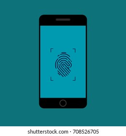 Mobile phone with Fingerprint Scanner icon.Computer data protection, App security illustration for Smart phone.Graphic vector illustration eps 10 Flat style icon isolated on blue background.
