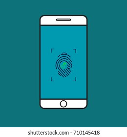 Mobile phone with Fingerprint Scanner icon.Computer data protection, App security illustration for Smart phone. Graphic vector illustration. Flat style icon isolated on blue background.unlock status