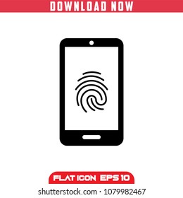 Mobile phone . Fingerprint.  smartphone Security Black. Fill . Vector Icon in flat design.Isolated.
