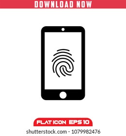 Mobile phone . Fingerprint.  smartphone Security Black. Fill . Vector Icon in flat design.Isolated.