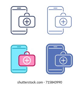 Mobile phone and first aid kit symbol. Doctor's case on the smartphone screen. Vector outline icon set. Telemedicine concept line symbols and pictograms. Thin contour infographic for web, presentation