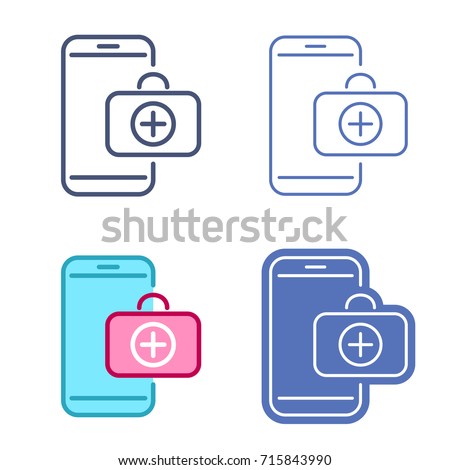 Mobile phone and first aid kit symbol. Doctor's case on the smartphone screen. Vector outline icon set. Telemedicine concept line symbols and pictograms. Thin contour infographic for web, presentation