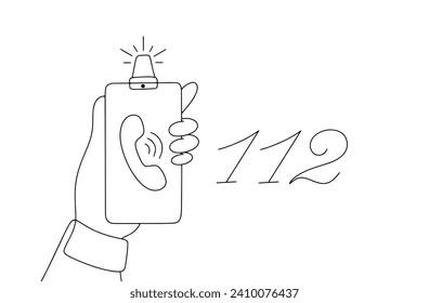 Mobile phone with flashing light. A person calls the hotline 112. Emergency help. European 112 Day. Images produced without the use of any form of AI software at any stage. 
