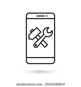 Mobile phone flat design with Crossed hammer and wrench spanner icon