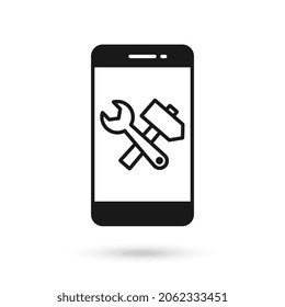 Mobile phone flat design with Crossed hammer and wrench spanner icon