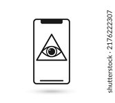 Mobile phone flat design icon with All Seeing Eye Pyramid symbol