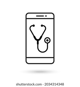 Mobile phone flat design icon with stethoscope sign. 