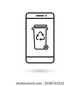 Mobile phone flat design icon with Trash can on wheels with recycling symbol sign.