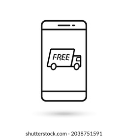 Mobile phone flat design icon with Delivery truck sign.