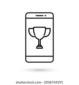 Icono de diseño plano de teléfono móvil con señal de victory cup.