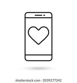 Mobile phone flat design icon with heart sign.