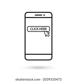 Icono de diseño plano de teléfono móvil con clic aquí.