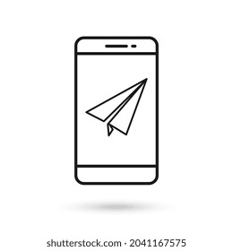 Mobile phone flat design icon with paper airplane symbol