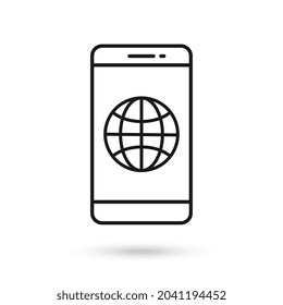 Mobile phone flat design icon with globe symbol