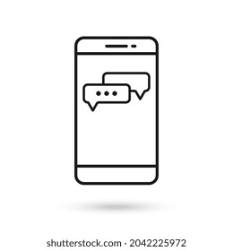 Icono de diseño plano de teléfono móvil con el símbolo de dos burbujas de voz