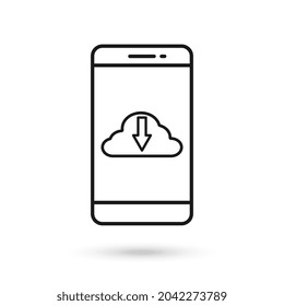 Icono de diseño plano de teléfono móvil con signo de nube de descarga