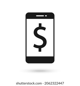 Icono de diseño plano de teléfono móvil con signo de dólar.
