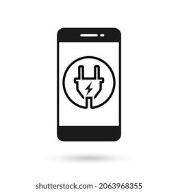Mobile phone flat design icon with electric charging sign.