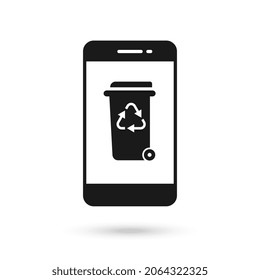 Mobile phone flat design icon with Trash can on wheels with recycling symbol sign.