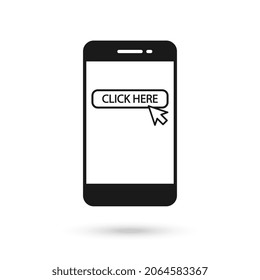 Mobile phone flat design icon with click here sign.