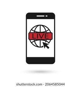 Icono de diseño plano de teléfono móvil con señal roja de noticias en vivo.